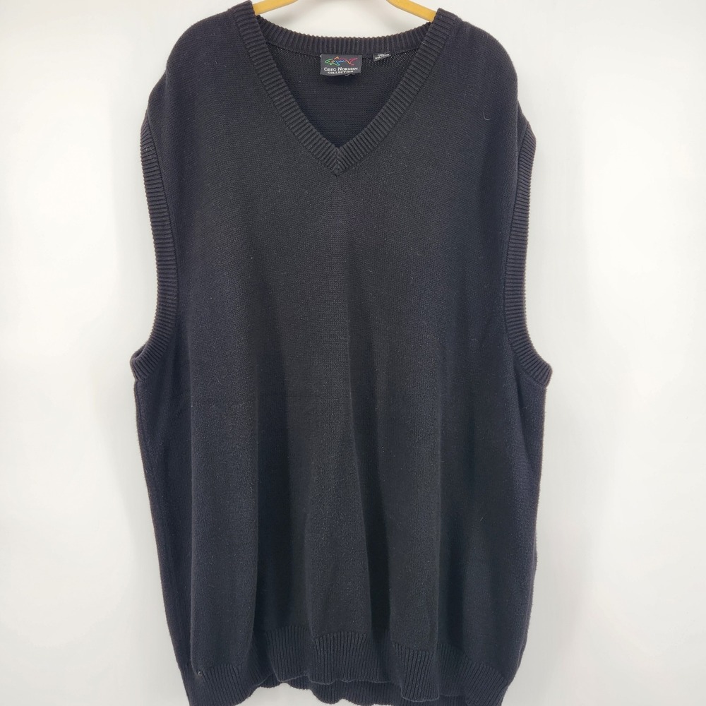 Greg Norman Collection Mens XXL Black V-Neck Knit Golf Sweater Vest Shark Logo